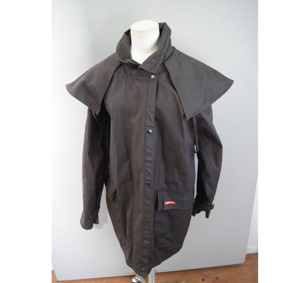 RM Williams Bush Outfitter Oilskin Drover Coat Small Brown Cotton Mens